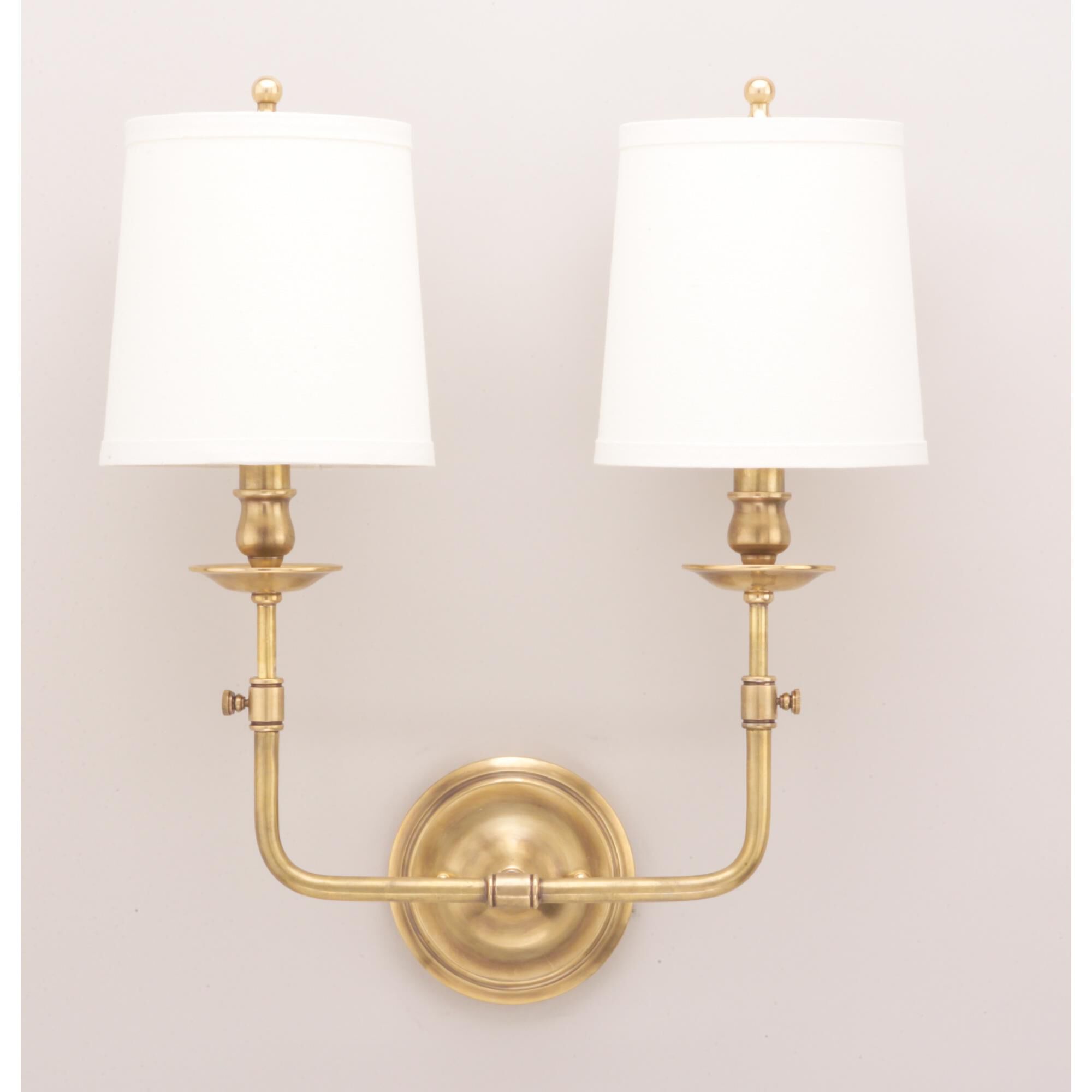 Shown in Aged Brass finish and Off White Linen shade